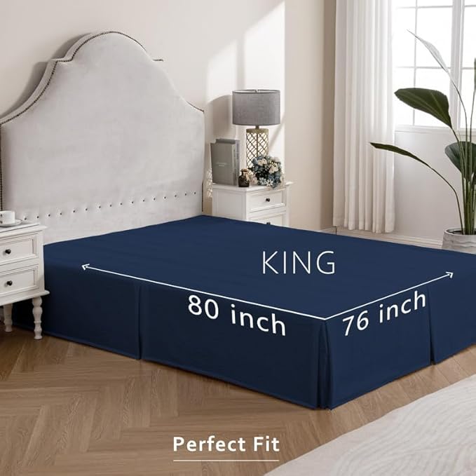 MIYE Pleated Waffle Weave Bed Skirt, Tailored Dust Ruffle 12 Inch Drop Easy Fit, Machine Washable (Navy Blue, King - 12" Drop)