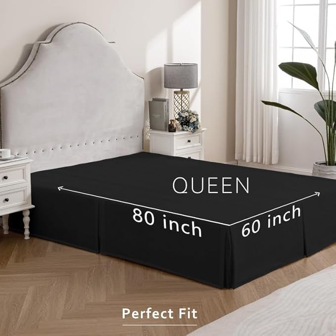 MIYE Pleated Waffle Weave Bed Skirt, Tailored Dust Ruffle 12 Inch Drop Easy Fit, Machine Washable (Black, Queen - 12" Drop)