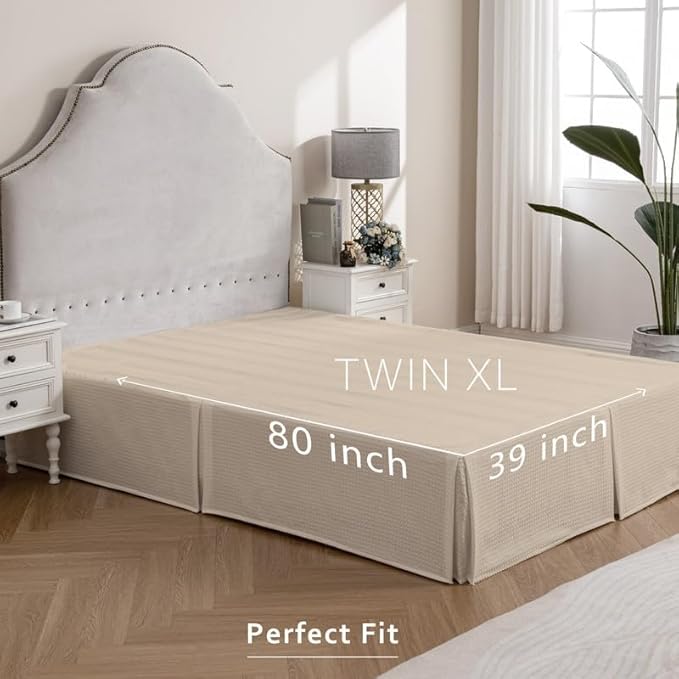MIYE Pleated Waffle Weave Bed Skirt, Tailored Dust Ruffle 14 Inch Drop Easy Fit, Machine Washable,No Split Corners (Beige, TwinXL - 14" Drop)