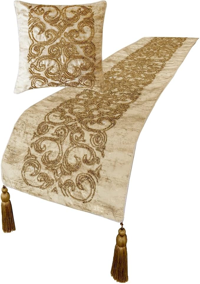 The HomeCentric King/Queen/Twin Gold Designer CA King 86"x18" Bed Runner Without Pillow Cover, Foil & Hand Beaded Embroidery Bed Scarf on Jacquard Fabric - Ornamento Oro