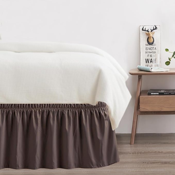 Twin Bed Skirt, Elastic Wrap Around Bed Skirt Twin Size, Bed Skirts for Adjustable Bed, Easy Fit with 18" Drop Length Tailored Drop Dust Ruffle (Brwon)
