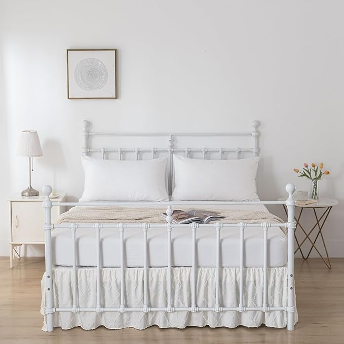 Bed Skirt King Size Ruffled Bed Skirt with Split Corners, 18 Inch Drop Dust Ruffle Bed Skirts with Platform, Boho Tufted Shabby Chic King Size Bed Skirts, Ivory