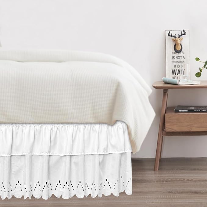 Queen Bed Skirt, Double-Layered Ruffled Eyelet Bed Skirt, Wrap-Around Elastic Dust Ruffle Queen Size with Gathered Styling and Embroidered Details, 14" Drop Length (White)