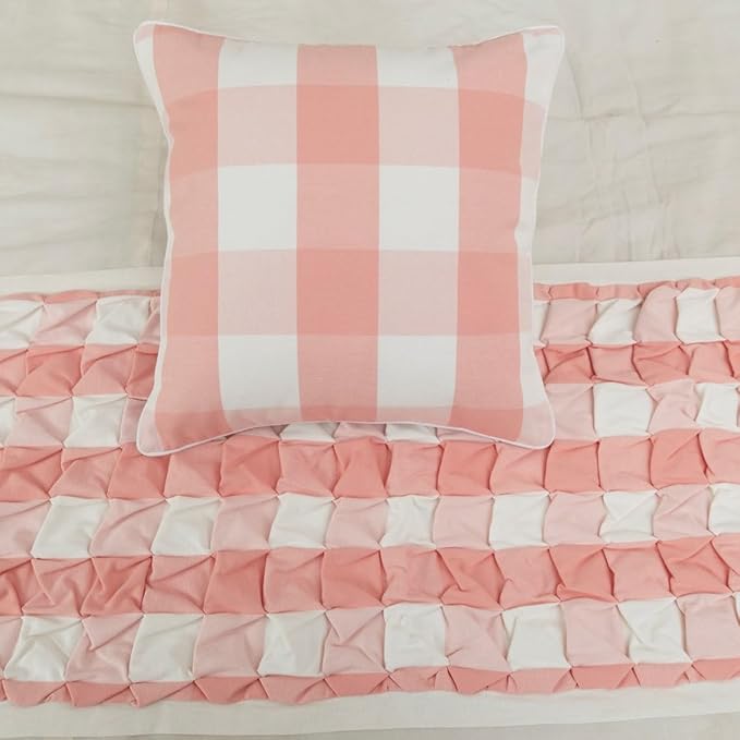 The HomeCentric King/Queen/Twin Peach Pink Decorative Twin 53"x18" Bed Runner with Pillow Cover, Textured & Buffalo Checks Bed Scarf on Cotton Fabric - Buffalo Plaid Peach
