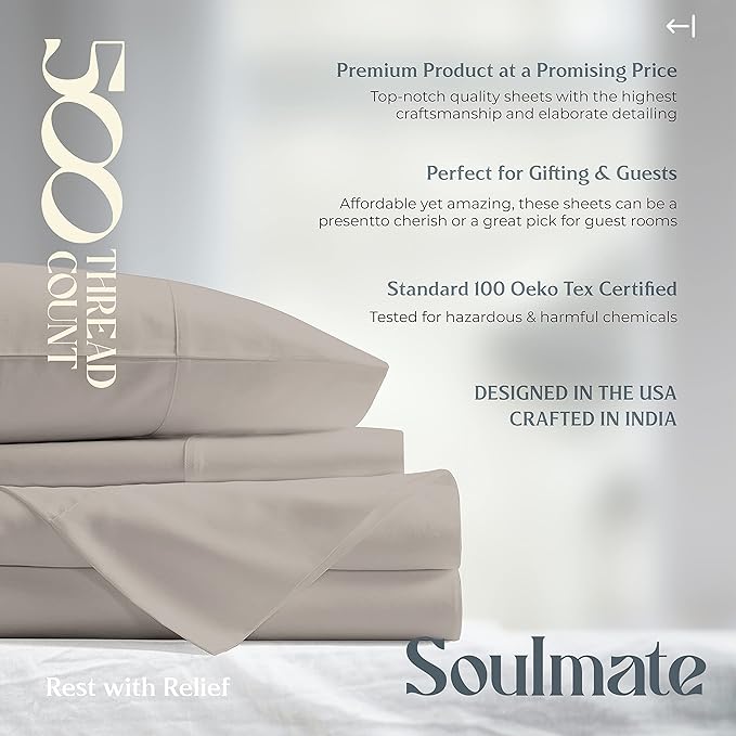 Mayfair Linen 500 Thread Count Twin Cotton Sheets - 3 PC Twin Size Bed Sheet Set Cotton (Taupe), Soft, Cooling, Sateen Hotel-Quality 16" Deep Pocket Bedsheet for Hot Sleepers (Fits 18" Mattress)