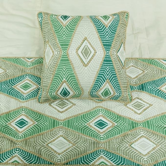 The HomeCentric King/Queen/Twin Green Designer CA King 86"x18" Bed Runner Without Pillow Cover, Aztec, Jute Embroidery, Quilted, Tassels, Jute, Moroccan & Tribal Bed Scarf Cotton - Chantico