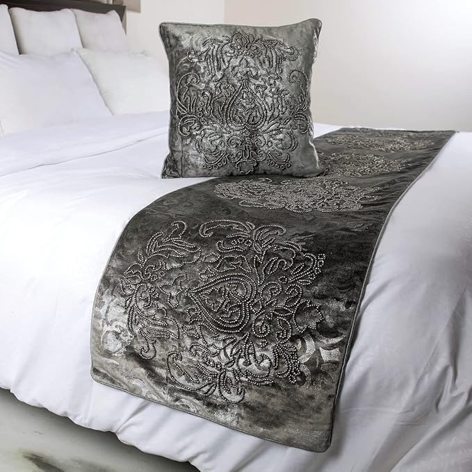 HomeCentric Designer Bed Runner with 2 Decorative Throw Pillow Covers, 86 x 18 Inch Damask Foil Velvet Embroidery Bed Scarf