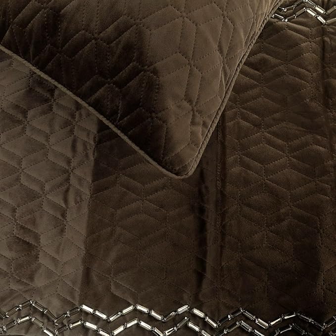 The HomeCentric King Queen Twin Brown Designer King 90"x18" Bed Runner with 2 Pillow Cover, Quilted & Crystals Bed Scarf on Velvet Fabric - Brown Diamond Symphony