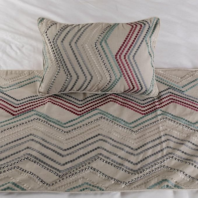 The HomeCentric King Queen Twin Beige Linen Bed Runner Without Pillow Cover, CA King Size 86"x18" Bed Runner Without Pillow Cover, Linen with Embroidery, Chevron Modern Pattern - Dotty Chevron