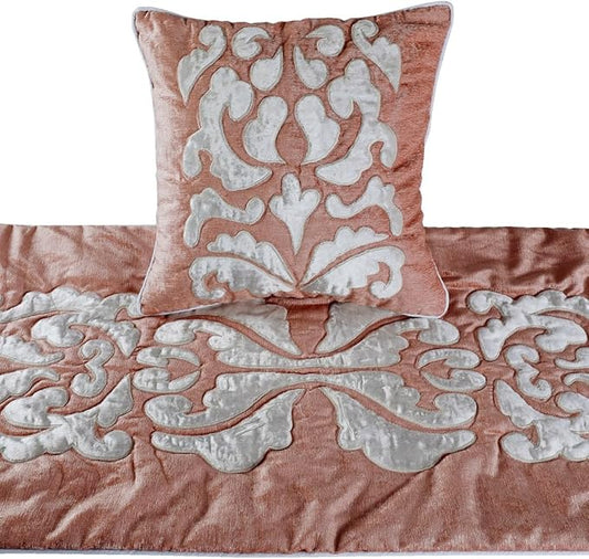 The HomeCentric Luxury Peach & Ivory Full 68 x 18 inch Bed Runner with Pillow Cover, Velvet Applique Bed Scarf, Abstract Modern - Peach Elegance