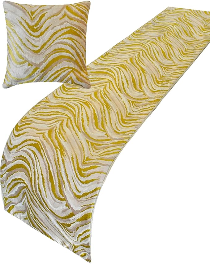 The HomeCentric King/Queen/Twin Yellow & Grey Decorative Bed Runner Full 68"x18" Bed Runner Without Pillow Cover, Abstract Wave Pattern Bed Scarf on Jacquard Fabric - Yellow Whirls