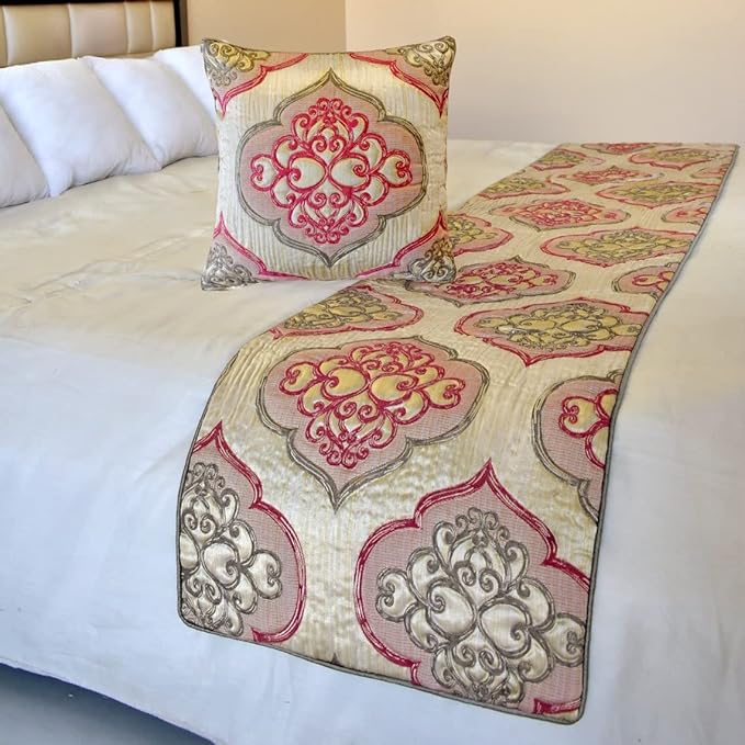 The HomeCentric King/Queen/Twin Pink Decorative Full 68"x18" Bed Runner Without Pillow Cover, Quilted & Damask Bed Scarf on Silk Fabric - Emre