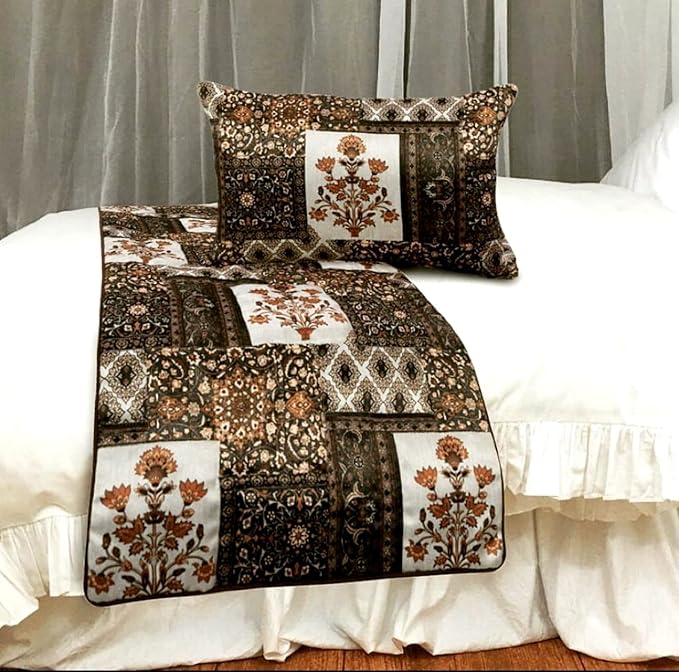 The HomeCentric King/Queen/Twin Brown Decorative CA King 86"x18" Bed Runner Without Pillow Cover Quilted Bed Scarf on Satin Fabric - Parisa