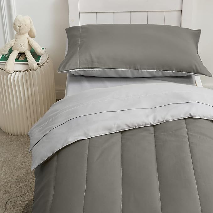 UOZZI BEDDING 4 Pieces Toddler Bedding Set Ultra Soft and Breathable Toddler Sheet Set - Includes Comforter, Flat Sheet, Fitted Sheet and Pillowcase - Dark Gray & Gray