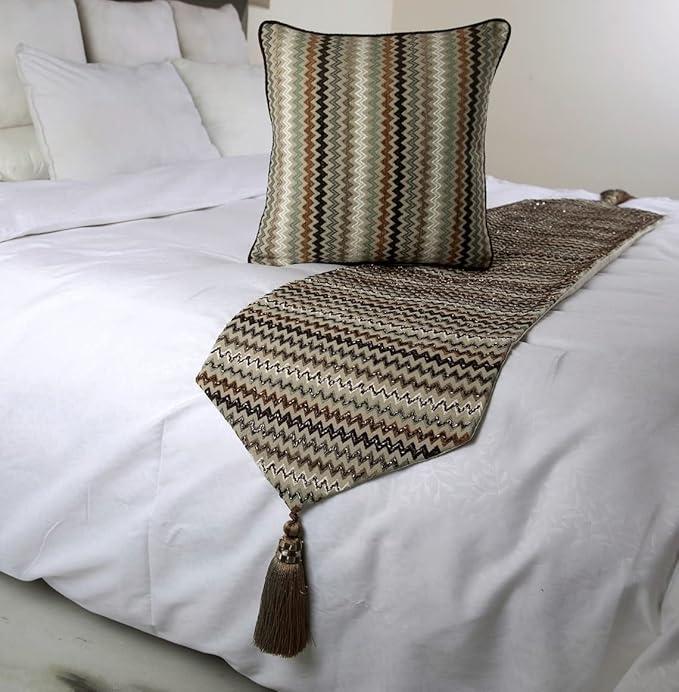 The HomeCentric Decorative Designer Handmade Bed Runner Without Pillow Cover, 74 x 18 Inch Velvet Designer Queen Size Bed Scarf with Tassle & Bead Embroidered Bed Linen Foot Warmer Home - Chevron Fun