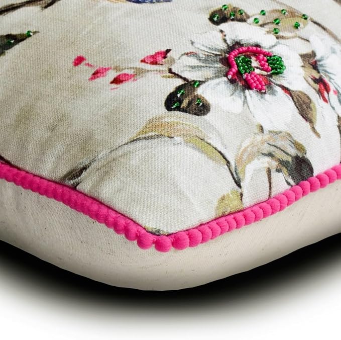 The HomeCentric King/Queen/Twin Pink & Purple Decorative Full 68"x18" Bed Runner with One Pillow Cover, Peacock, Beaded, Pom Pom Lace Bed Scarf on Cotton Fabric - Pavo Paradiso