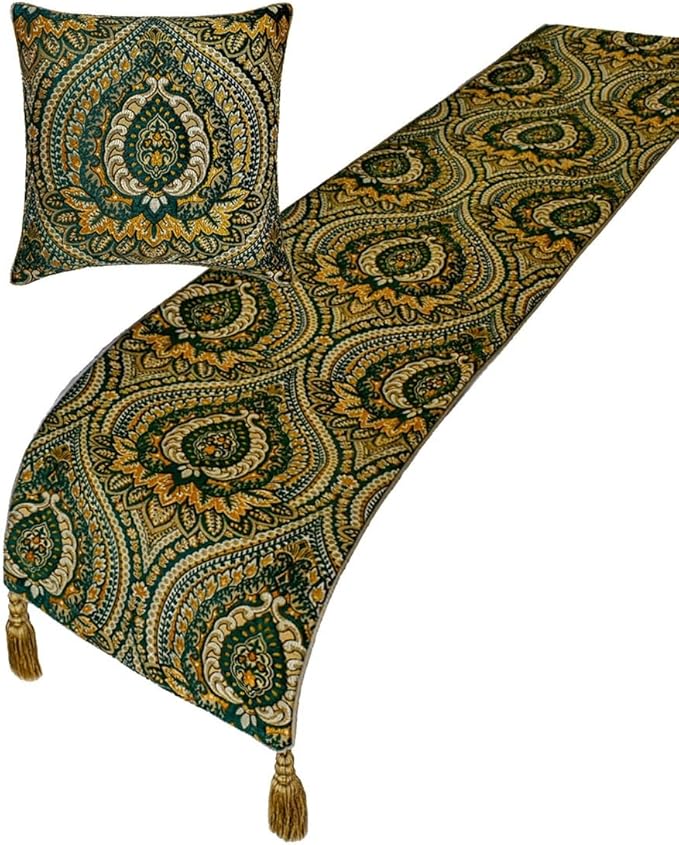 The HomeCentric King/Queen/Twin Green Designer King 90"x18" Bed Runner with Two Pillow Cover, Damask, Tassels & Tapestry Bed Scarf on Jacquard Fabric - Damask Tapestry