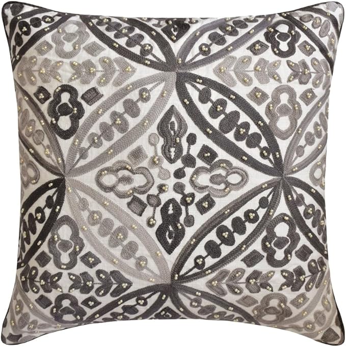 The HomeCentric King/Queen/Twin Gray Designer CA King 86"x18" Bed Runner with One Pillow Cover, Moroccan, Pearl, Geometric & Embroidered Bed Scarf on Embroidered Fabric - Meryem
