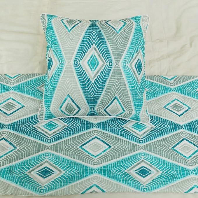 The HomeCentric King/Queen/Twin Blue, Ivory & Grey Decorative King 90"x18" Bed Runner with 2 Pillow Cover, Quilted & Printed Bed Scarf on Cotton Fabric - Tallulah
