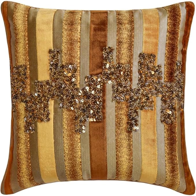 The HomeCentric King/Queen/Twin Gold & Brown Decorative CA King 86"x18" Bed Runner Without Pillow Cover, Striped, Beadwork & Handmade Bed Scarf on Velvet Fabric - Streamlined