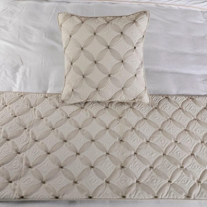The HomeCentric King Queen Twin Ivory Bed Runner with Decorative Throw Pillow Cover, Full Size 68"x18" Bed Runner with Pillow Cover, Linen Quilted & Embroidery, Modern Contemporary - Tender Love
