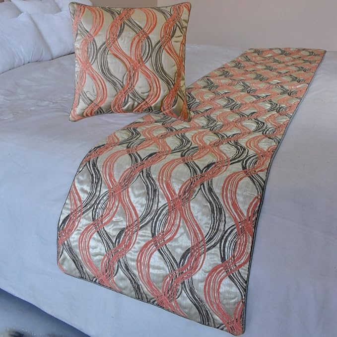 The HomeCentric King/Queen/Twin Orange Designer Twin 53"x18" Bed Runner with One Pillow Cover, Swirls & Quilted Bed Scarf on Jacquard Fabric - Orange Twirls