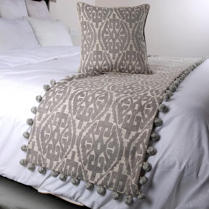 The HomeCentric Grey Bed Runner, King Size 90"x18" Decorative Bed Runner with 2 Matching Pillow Cover, Grey Cotton Bed Scarf in Aztec Pattern with Tassels - Grey Aztec