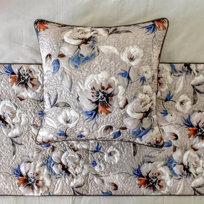 The HomeCentric King/Queen/Twin Ivory Luxury King 90"x18" Bed Runner with Two Pillow Cover, Floral, Quilted Bed Scarf on Satin Fabric - Floral Harmony