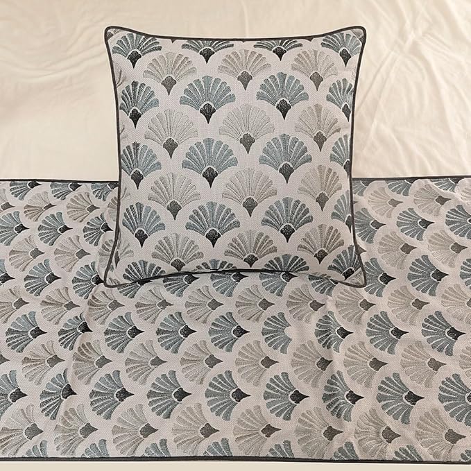 The HomeCentric King Queen Twin Blue & Grey Designer Twin 53"x18" Bed Runner with 2 Pillow Cover, Floral Embroidery Bed Scarf on Cotton Fabric - Flourish Bloom