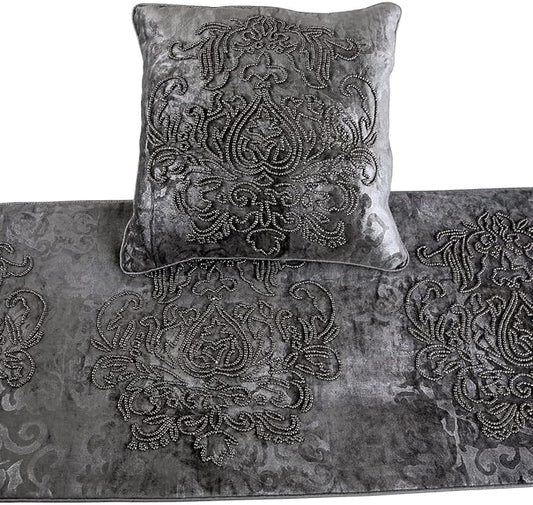 HomeCentric Designer Bed Runner with 2 Decorative Throw Pillow Covers, 86 x 18 Inch Damask Foil Velvet Embroidery Bed Scarf