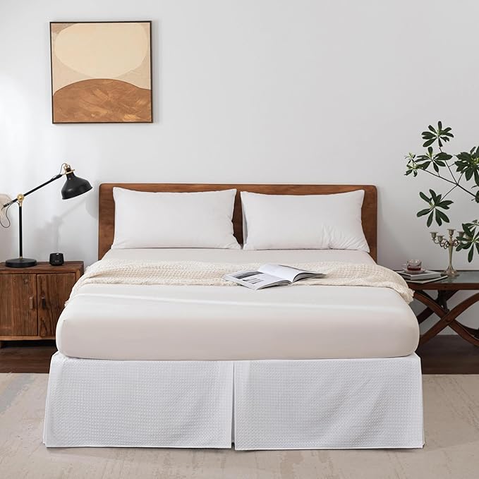 Full Bed Skirt, Wrap Around Bed Skirt with Pleated Corner, 12 Inch Drop Pleated Waffle Weave Bedskirts, Anti-Slip, Microfiber, White, 12'' Full