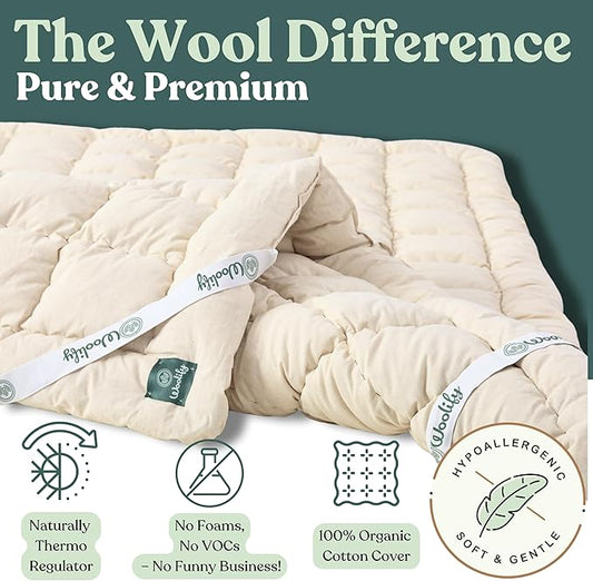 Organic Merino Wool Mattress Topper - Luxury Pillow Top Mattress Pad, Handmade, Non-Toxic, Cooling & Hypoallergenic, Natural Back Pain Relief, Sustainable Bedding (Full)