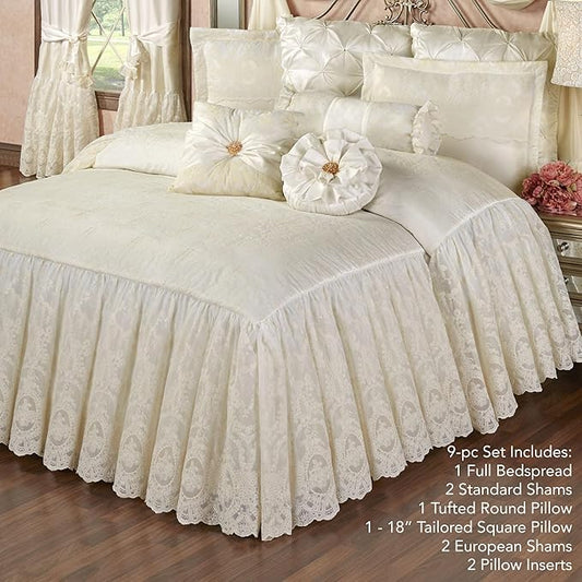Cameo Lace Luxury Washable Polyester Bedding | Vintage | Pearl Scroll Leaf Quilting | Set of Nine: Full Bedspread, 2 Standard Shams, 2 European Pillows and 2 European Shams, Square and Round Pillows