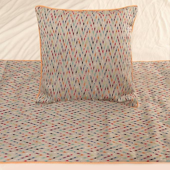 The HomeCentric King Queen Twin Beige & Multicolor Luxury Twin 53"x18" Bed Runner with 2 Pillow Cover, Chevron Embroidery Bed Scarf on Jacquard Embroidered Fabric - Happy Chevy
