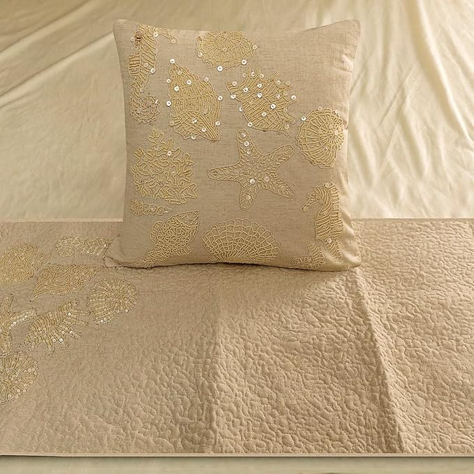 The HomeCentric King Queen Twin Beige Handmade King 90"x18" Bed Runner with 2 Pillow Cover, Pearl Embroidery Bed Scarf on Linen Fabric - Off to The Sea