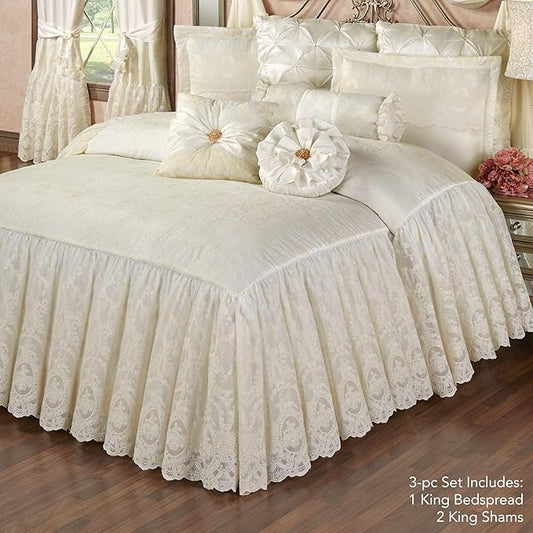 Cameo Lace Luxury Washable Polyester Bedding Set | Vintage Elegant | Pearl | Scroll Leaf Floral Cameo Quilting Embroidered | Set of Three: King Bedspread and Two King Shams
