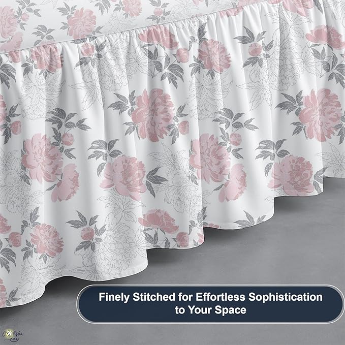 Cottington Lane Ruffled Bed Skirt Twin Size with Split Corner, Brushed Microfiber Hotel Quality Dust Ruffle, 15 Inch Drop Gathered Bedskirt, Soft, Stylish, Shrink & Fade Resistant, Blush Petals