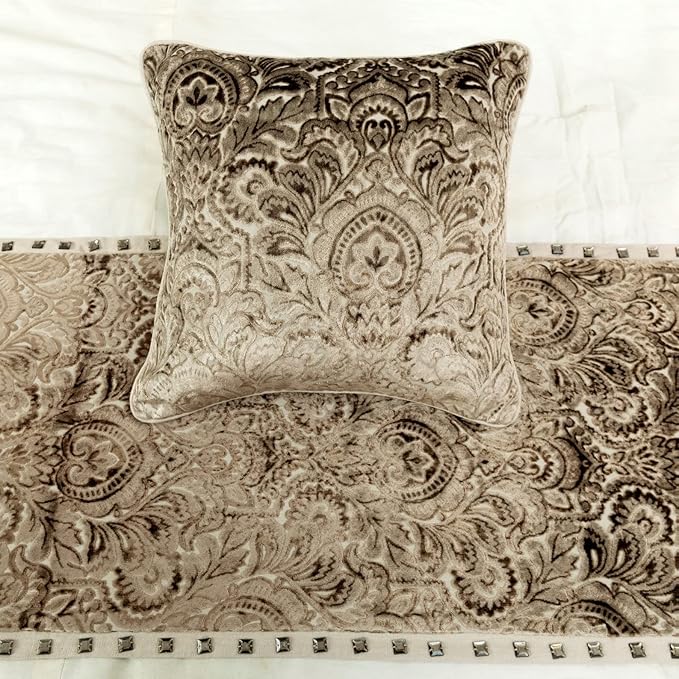 The HomeCentric King/Queen/Twin Beige Decorative Queen 74"x18" Bed Runner with 2 Pillow Cover, Velvet Damask & Crystal Border Bed Scarf on Velvet Fabric - Henriretta