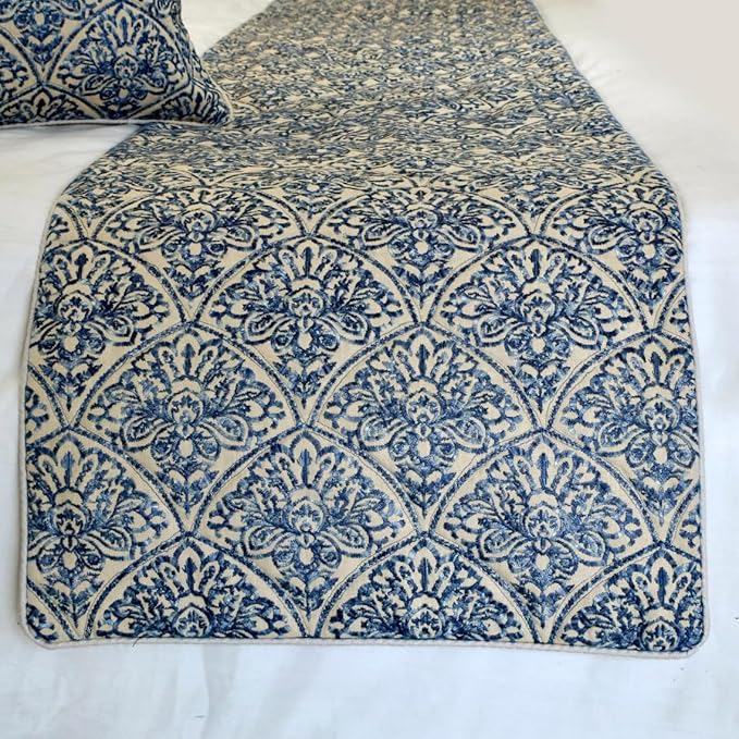 The HomeCentric King/Queen/Twin Blue Decorative King 90"x18" Bed Runner Without Pillow Cover, Embroidery, Quilted Bed Scarf on Cotton Fabric - Farzeen Blue