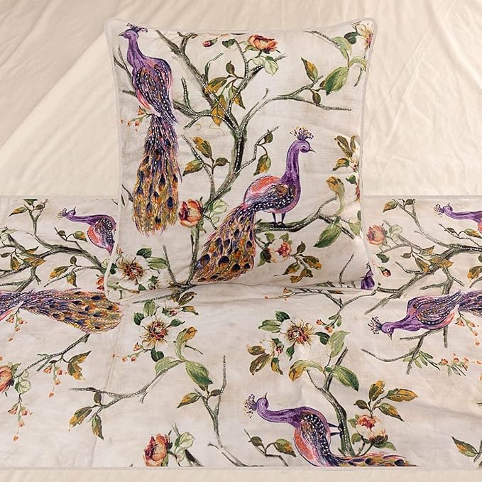 The HomeCentric King Queen Twin Ivory & Multicolor Decorative CA King 86"x18" Bed Runner Without Pillow Cover, Peacock Bed Scarf on Cotton Printed with Beads Fabric - Peacock Queen