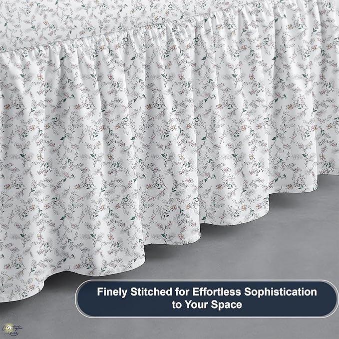 Cottington Lane Ruffled Bed Skirt Queen Size with Split Corner, Brushed Microfiber Hotel Quality Dust Ruffle, 14 Inch Drop Gathered Bedskirt, Soft, Stylish, Shrink & Fade Resistant, Coco Rose Leaf