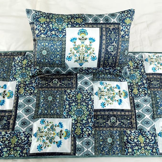 The HomeCentric King/Queen/Twin Blue Designer CA King 86"x18" Bed Runner Without Pillow Cover, Perrsian Pattern & Quilted Bed Scarf on Satin Fabric - Bahar
