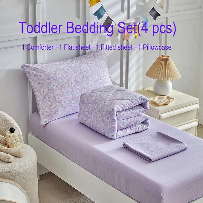 JHXHMX Floral Toddler Bedding Set for Girls,4 Piece Bed-in-a-Bag Toddler Comforter Set,Soft Crib Bed Set Including Comforter,Flat Sheet,Fitted Sheet and Pillowcase-Purple