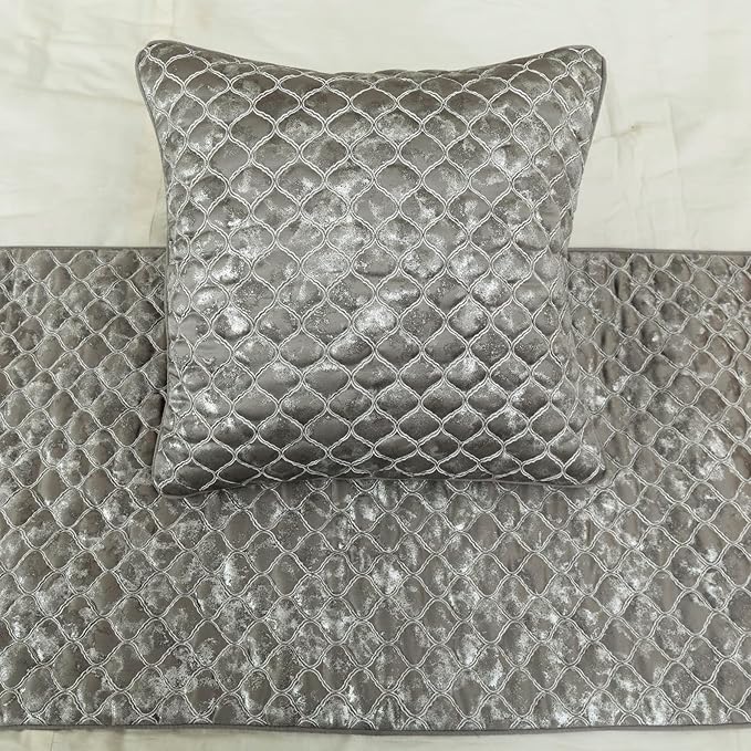 The HomeCentric King/Queen/Twin Grey & Silver Designer Full 68"x18" Bed Runner Without Pillow Cover, Quilted, Foil & Trellis Bed Scarf on Silk Fabric - Jumanah