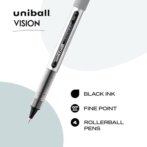 uni-ball Vision Stick Roller Ball Pens, Fine Point, Black Ink, Pack of 4