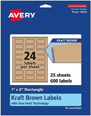 Avery® Kraft Brown Rectangle Labels, Sure Feed® Technology, 1" x 2", 600 Kraft Brown Labels, Print-to-The-Edge, Laser/Inkjet Printable