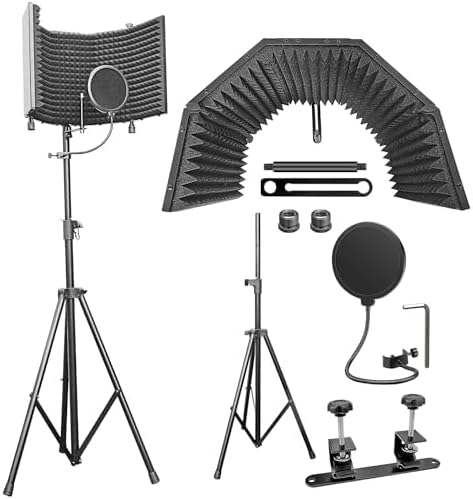 AxcessAbles Large 32x13 Recording Studio Microphone Isolation Shield w/ 3 Tier Tripod Stand and Pop Filter | Portable Sound Isolation Booth | Reflection Filter Shield | Studio Microphone Stand