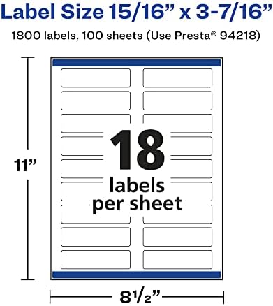 Avery® Matte White Rectangle Labels, Sure Feed® Technology, 15/16" x 3-7/16", 1,800 Matte White Printable Labels
