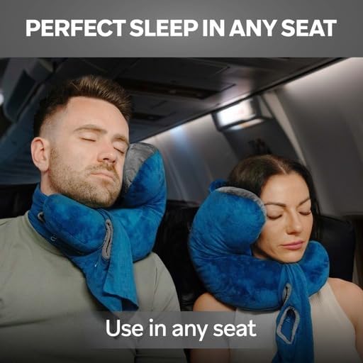 JPillow Travel Pillow for Airplanes – A Little Bulky, Expensive, and Takes a Couple of Minutes to Master, but Supports Your Head and Neck in Genuine Luxury – British Invention of The Year (Blue/Gray)