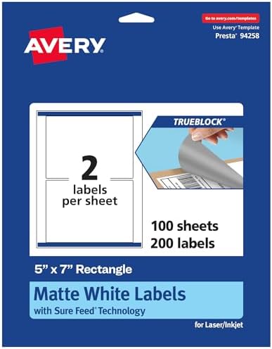 Avery TrueBlock Matte White Rectangle Labels, Sure Feed Technology, 5" x 7", 200 Matte White Labels, Laser/Inkjet Printable, Great for Packaging and Product Merchandising